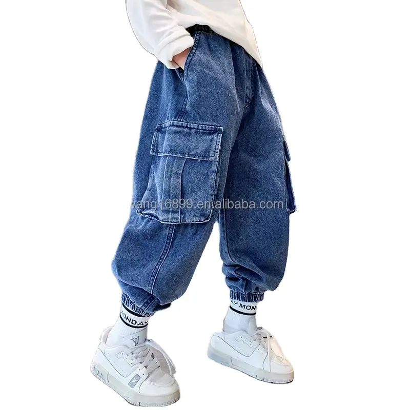 Nouveau design de jeans en denim pour enfants pleine longueur jeans noirs et bleus pantalons à taille élastique pour garçons vêtements pour enfants