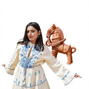 Vestido de Verano Azul Floral Blanco Midi con Cintura Natural, Estilo Boho, Manga Abullonada, 100% Algodón, Fluido, Ecológico, para Vacaciones - Product Image 1