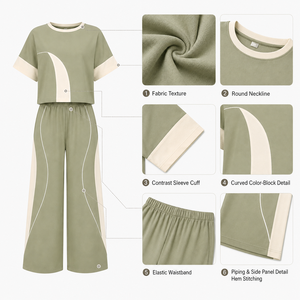 Conjunto de 2 Piezas Personalizado para Mujer, Top Corto con Bloques de Color y Pantalones Anchos, Atuendo Casual OEM ODM - Product Image 3