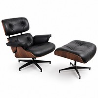 Ensemble de fauteuils de salon et ottoman en cuir noir pour réception d'hôtel, style Ames, fauteuil de salon moulé Eames pour projets B2B, fourniture OEM personnalisée