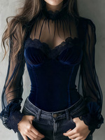 Chemisier Corset Transparent en Maille pour Femme, Manches Longues Évasées, Bordure Dentelle, Coupe Ajustée Élégante, Style Gothique, Printemps Automne, Chemise de Soirée 2026