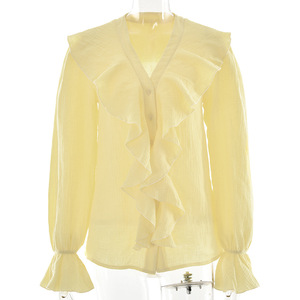 Haut à volants pour femmes, col en V profond, couleur unie, cardigan léger, vêtements de plage d'été, chemise tendance en tissu polyester - Product Image 5