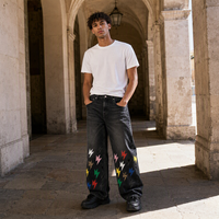 Jeans personnalisés pour hommes, taille mi-haute, coupe large, imprimé graphique, denim délavé vintage, style streetwear Y2K, vente en gros OEM