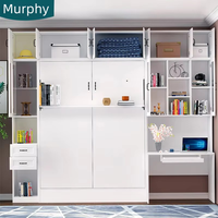 Lit Murphy moderne avec bureau et canapé intégrés, lit mural Queen Size avec plateau coulissant intégré, étagères à portes vitrées, gain de place pour bureau à domicile
