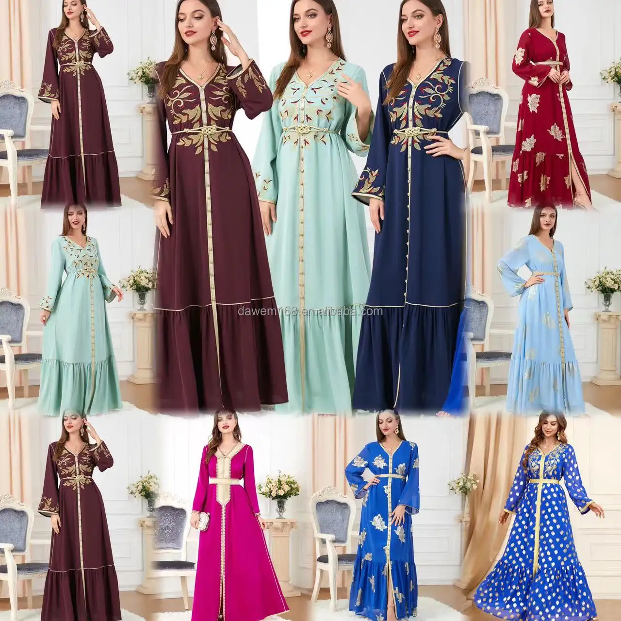 Großhandel 2024 Vintage-Stil arabischen Maxi kleid Party Langarm heißes Gold besticktes Kleid Nahost Damen kleid