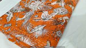 Handmade Indian Kantha <b>Quilt</b> Orange Printed Cotton Bedcover Bohemian Style All Season Home Decor <b>Throw</b> Blanket - Product Image 3