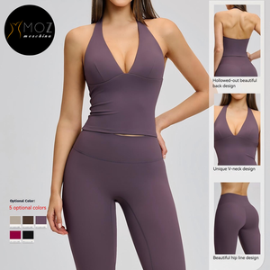 Women's Brushed Halter Deep V 2-Piece Set - Backless <strong>Top</strong> &amp; Sculpting <strong>Leggings</strong> for Yoga &amp; Gym Custom Activewear Sets Available - Product Image 3
