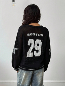 Camiseta de Punto Personalizada para Mujer, Camiseta de Ganchillo, Camiseta de Manga Larga con Malla Hueca, Camiseta Holgada con Número Estampado - Product Image 5