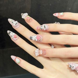 Lot de 10 <span class=keywords><strong>faux</strong></span> <span class=keywords><strong>ongles</strong></span> artisanaux réutilisables roses Kawaii 3D Ours Lapin Fraise Fleur, personnalisables avec logo - Product Image 4