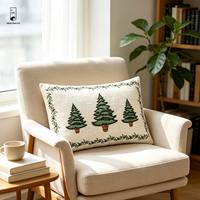 Housse de coussin lombaire brodée de Noël 50x30 en coton et lin, motif arbre, taie d'oreiller avec bordure en dentelle brodée pour canapé et décoration intérieure