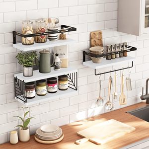 Estantes Flotantes de Madera de Estilo Rústico Blanco, Montados en la Pared con Cesta de Almacenamiento de Alambre y Barra para Toallas, para Baño, Cocina, Dormitorio - Product Image 5