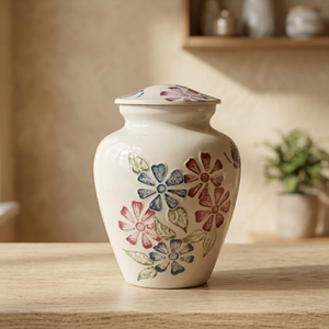 Urna Floral Blanca de Cerámica con Tapa, Recipiente para Cenizas Conmemorativas, Decoración para el Hogar - Artesanía India - Product Image 1