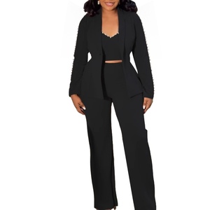 Conjunto de 3 Piezas de Traje Elegante para Mujer con Solapa de Perlas, Chaleco Corto Halter y Pantalones, a la Moda - Product Image 4