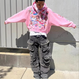 Su misura American Retrò Gothic <span class=keywords><strong>Rock</strong></span> Hip Hip Happwear lavato con cappuccio con stampa digitale DTG felpa con cerniera ritagliata per gli uomini - Product Image 1