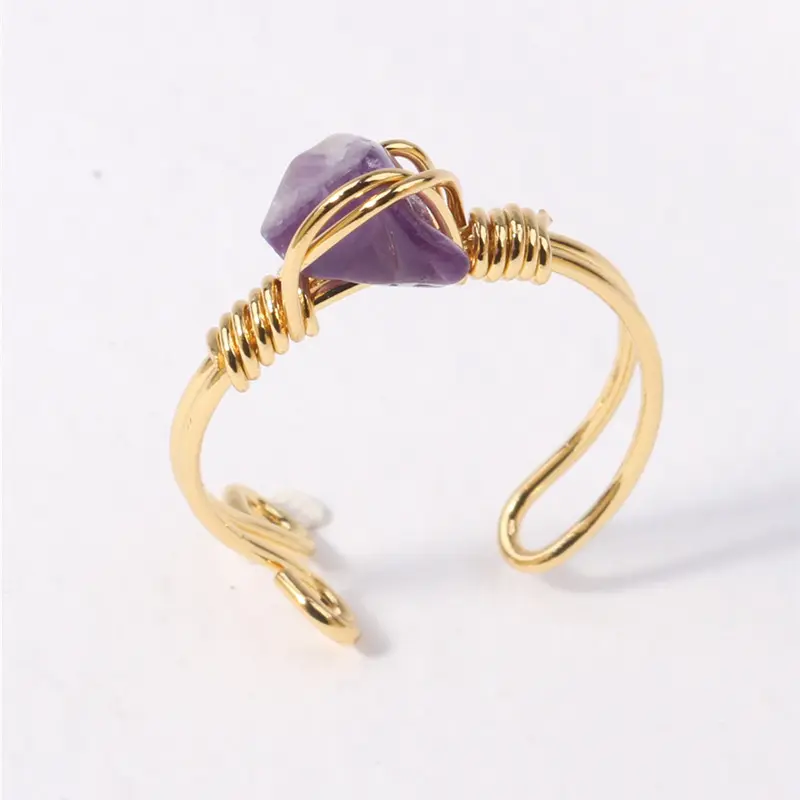 New Wire Wrap Gold Plated Wrapped Vintage Rings Healing Amethyst Natural Irregular Raw Stone Crystal Adjustable Rings For Women