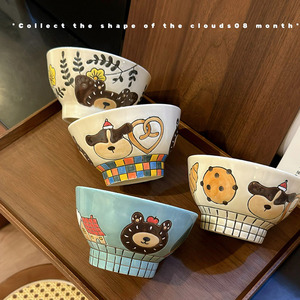Cuenco de fideos de cerámica pintado a mano con dibujos animados de osito, corazón de niña, cuenco de cerámica <span class=keywords><strong>para</strong></span> <span class=keywords><strong>parejas</strong></span> de 5 pulgadas - Product Image 1