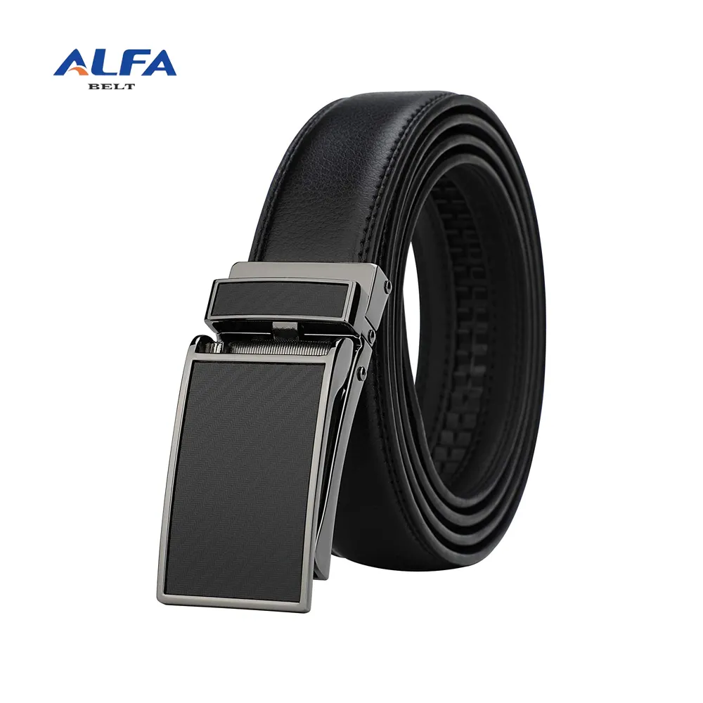 Alfa Men's Comfort Genuine Leather Ratchet Dress Belt Custom Logo Metal Automatic Click Buckle