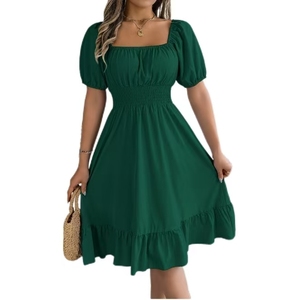 Abito Casual alla Moda con Scollo Quadrato per Donne, Maniche Corte, Vita Stretta, Stile A-Line con Volant - Product Image 3