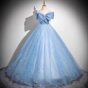 Blue Off-Shoulder Ball Gown Empire Waist Sparkle Tulle Graduation Evening Dress For Women Host Vocal Exam Dress - Product Image 1