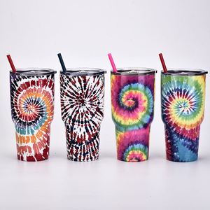 Gobelet isotherme en acier inoxydable 30 oz avec couvercle, poignée et paille, motif floral tie-dye coloré, pour café et eau, idéal pour la voiture, les voyages et les fêtes - Product Image 1