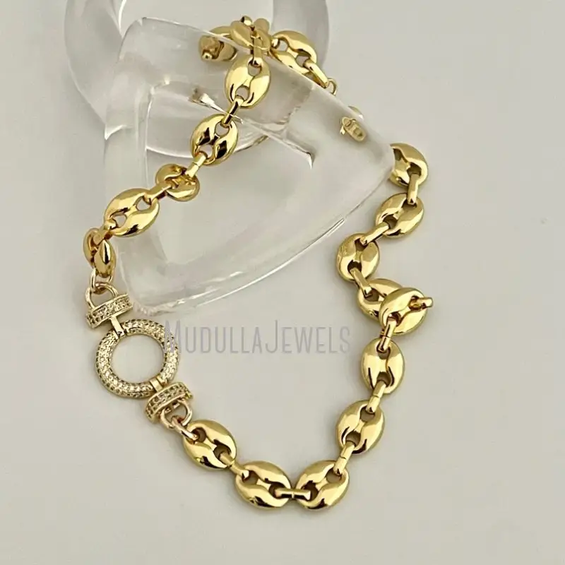 NM42673 Chunky Chain Necklace Pave Zircon Pendant Gold Or Silver Chain Lobster Clasp Puffed Link Coffee Bean Link
