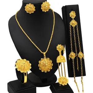 Yeni Dubai 24K altın mücevher seti Unisex afrika gelin altı parça aksesuar dahil kolye küpe yüzük saç Pin kafa zinciri