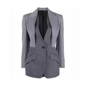 High Quality Patchwork High Waist Tight Grey Suit Coat Women's Clothing 2024 Spring Long V-neck British Elegant Women's Coats