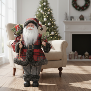 ของตกแต่งซานตาคลอสลายตารางบัฟฟาโลแบบคลาสสิก พร้อมกิ่งสนประดับขนสัตว์ สำหรับตกแต่งคริสต์มาสสไตล์คันทรีในบ้านไร่ ระเบียงบ้าน หรือกลางแจ้ง - Product Image 1