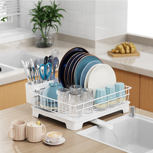 調節可能な金属製食器乾燥ラック、キッチンシンク排水トレイ、スチール製プラスチック製カトラリーホルダー、皿、ボウル収納、食器乾燥ラックデザイン - Product Image 2