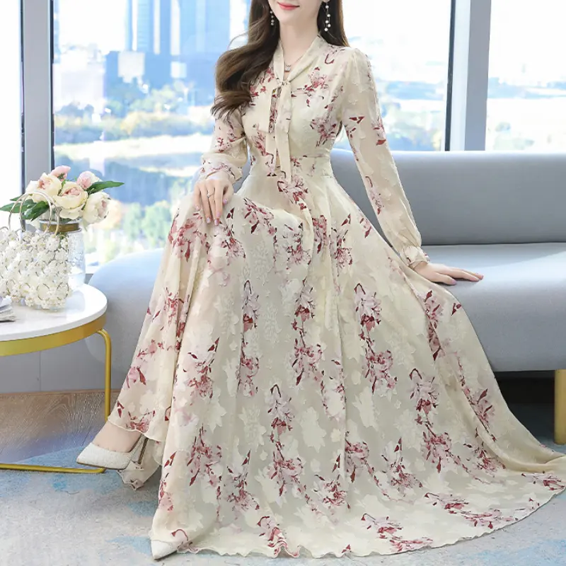 Women Floral Print Dresses With Lining 2021 Autumn Long Sleeve Female Bow Collar Chiffon Maxi Dress Mujer Vestidos Plus Size 4XL