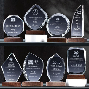 Business Gift Outdoor Sports Souvenir Personalized Wooden Plaque Trophy Blank Crystal Block Wood Crystal Glass Trophy