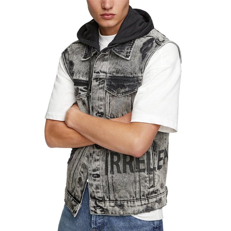 Denim Vest Grey Hooded Jean Jacket Sleeveless Denim Jacket