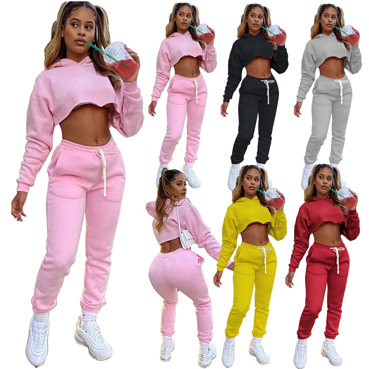 2021 New Custom Thick Warm Short Hoodies With Sweatpants Set Plus Size Two Pieces Jogger Set For Women Lady sweatsuit