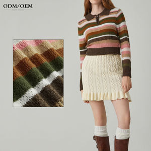 Pull court à rayures en tricot pour femme, nouvelle collection Printemps 2025, style rétro, col à revers, manches longues, style universitaire - Product Image 3