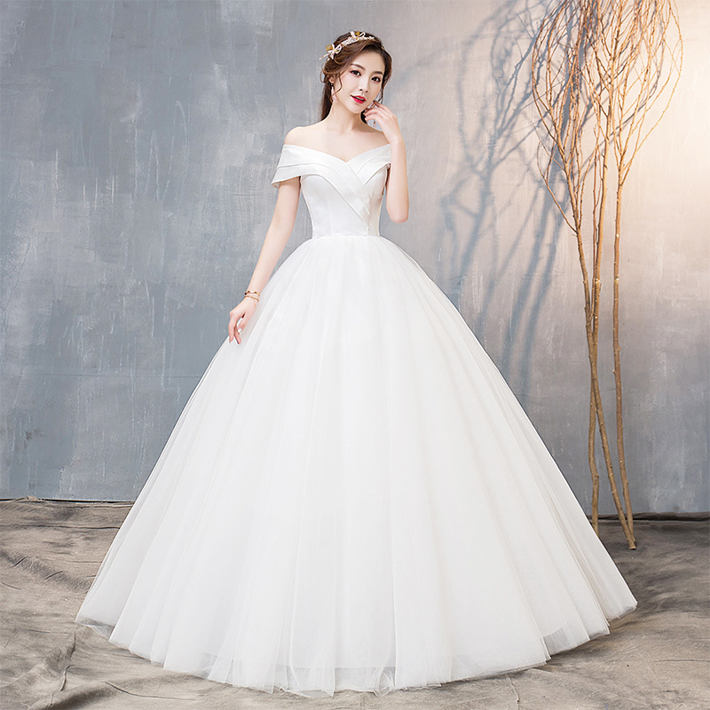 2019 Summer Off The Shoulder Boat Neck Simple Satin Wedding Dress 3XL plus size Lace Up Ball Gown