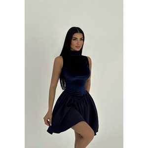 Mini-robe bleu marine pour femme, modèle exclusif, en polyester, coupe fourreau, col montant, droite, ornée de sequins, perles et strass, tendance, nouveauté - Product Image 3