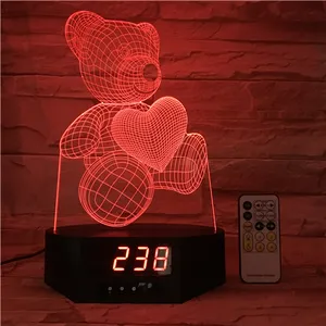 하트 아크릴 디자인 야간 램프 시계베이스 침대 옆 램프 멀티 컬러 LED 야간 조명과 귀여운 곰