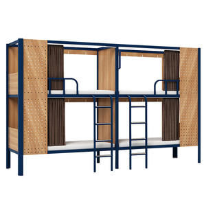 Новый дизайн, голубая каркасная кровать-Лофт с письменным столом и гардеробом, общежитие, капсулы, двухъярусная кровать, стальная и деревянная кровать, капсула для отеля - Product Image 5
