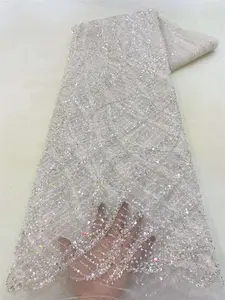 NI.AI Alta Qualidade Frisado Tule Lace Francês Bordado Net Lace Beads Lace Tecido para Vestido de Noite XY11