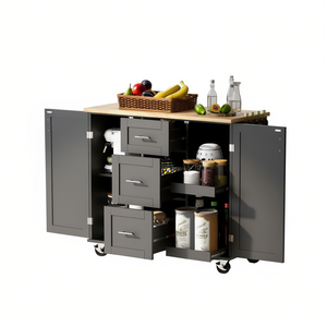 Îlot de cuisine roulant à 3 tiroirs, dessus en bois de caoutchouc, rangement interne, étagère à épices, roulettes, design moderne - Product Image 1