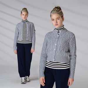 Custom OEM & ODM Women's Sweater 100% Merino Wool <b>Mock</b> <b>Neck</b> Cable Knitwear Knit Cardigan - Product Image 1
