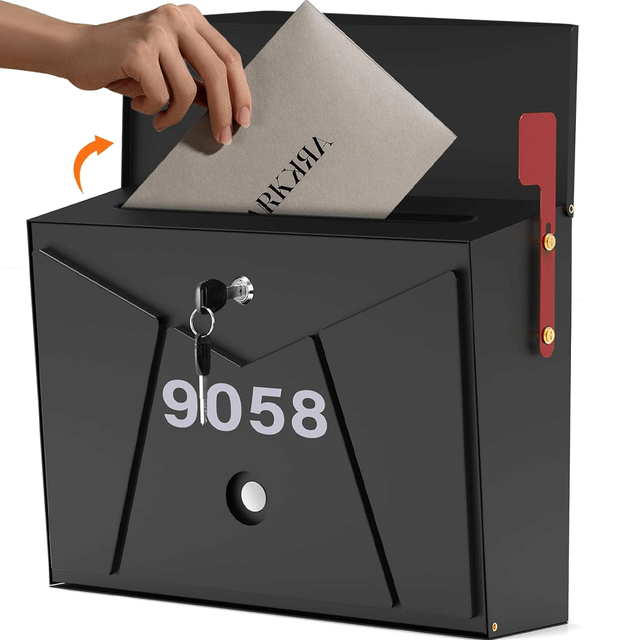 Lockable Wall Mount Mailbox with Key & Flag, Rust-Proof Outside Mail Box for House Apartment, Waterproof Stickers