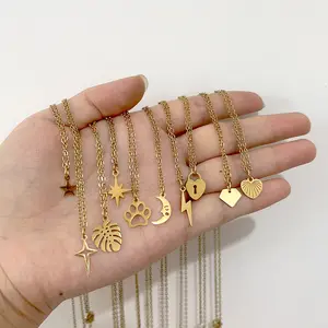 New Arrival Gold Plating Smooth Star Leaves Pendant Necklace Fade Resistant Stainless Steel Love Heart Moon Necklace