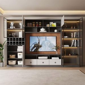 Meuble TV moderne en bois de luxe avec éclairage LED, support mural flottant pour salon et hôtel, portable, convient aux téléviseurs de 65 pouces et plus - Product Image 5