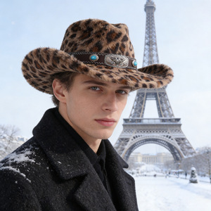 ZhenXi Leopard Print Plush Cowboy <b>Hat</b> M56-58cm Western Style With Gemstone <b>Band</b> Autumn Winter Fashion <b>Hat</b> - Product Image 3