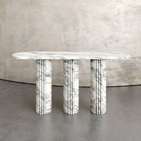 Table console en marbre travertin blanc minimaliste moderne avec base trépied en pierre naturelle à trois pieds