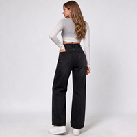 Jean droit noir taille haute avec détails contrastants pour femme – Idéal pour les sorties automnales
