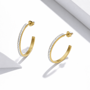 Pendientes de Aro de Zirconia de Acero Inoxidable con Baño de Oro de 14K, Piedra Transparente, Aros Abiertos en Forma de C con Cierre de Mariposa - Product Image 1
