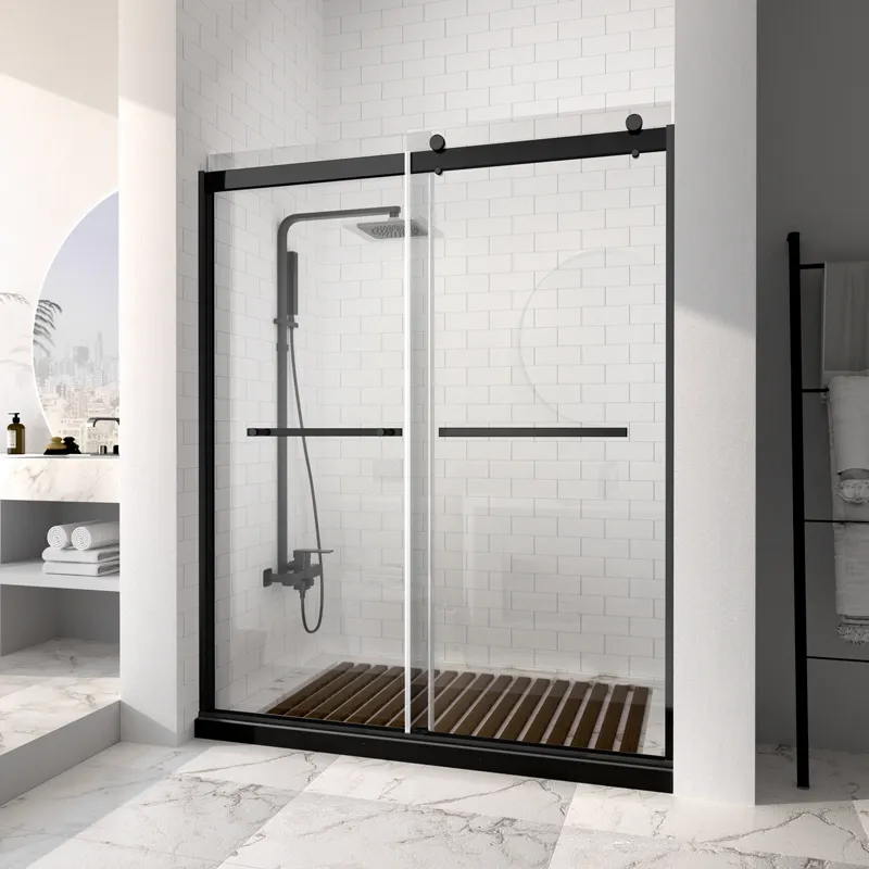 Matte Black Frameless Aluminum Shower enclosure Room Bathroom Tempered Glass Sliding Shower Door