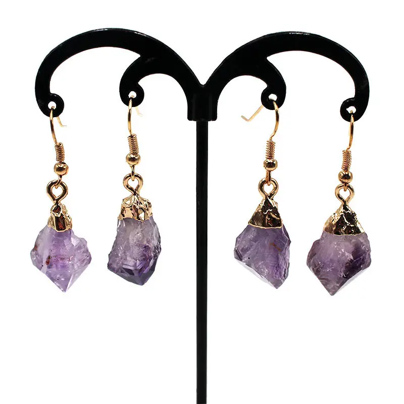 Wholesale Gold Plated Natural Amethyst Crystal Druzy Stone Drop Earrings Women Gift Fashion Dangle Drop Jewelry Gemstone Earring